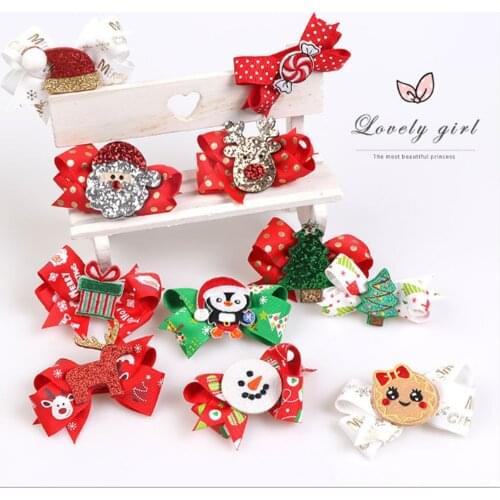 Small Christmas Print Hair Bows Cute Glitter Elk Accessories Hair Clips For Kids Festival Gift Snowman Hair Accessories