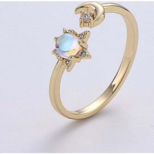 Trendy Female Moon Star Open Crystal Ring Dainty Gold Color Wedding Rings For Women Luxury White Moonstone Engagement Ring
