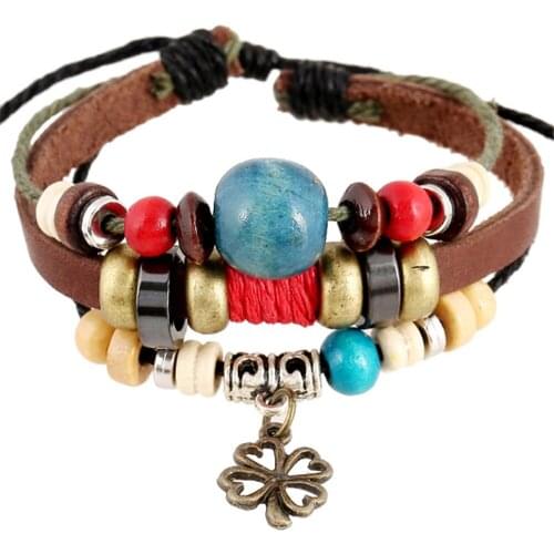 New Punk Handmade Beaded Alloy Wing Skull Leaves Charm Women Men Leather Bracelets Fashion Bangle Female Jewelry Accessories