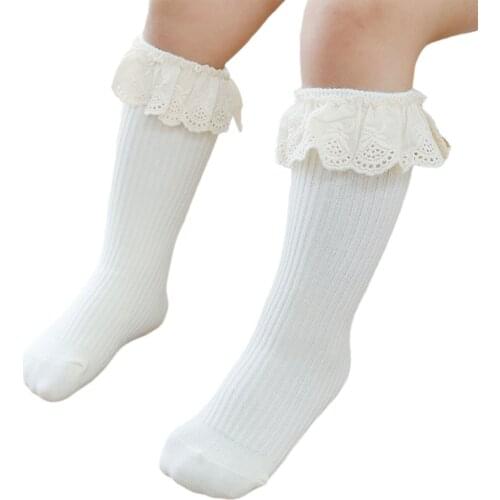 Baby Girls Solid Color Knitted Stockings with Ruffled Lace Decoraction Lovely Middle Tube Scokings for Spring Autumn and Winter