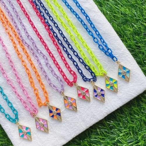 5Pcs 2021 Trendy Enamel Brass Copper Necklace Hot CZ Zircon Enamel Rhombus Charm Colorful Women Necklace Jewelry