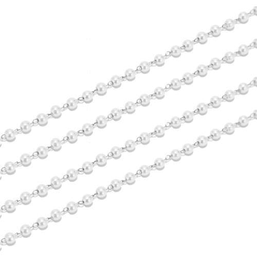 Silver/gold tone stainless steel imitation Pearl Beads Wire Wrapped 3mm Rosary Link Chain for DIY jewelry making