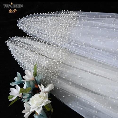 TOPQUEEN V08 3 M Long Cathedral Wedding Veil Tulle With Pearls White Ivory Face Veil One-layer Bridal Veil For Wedding 2020
