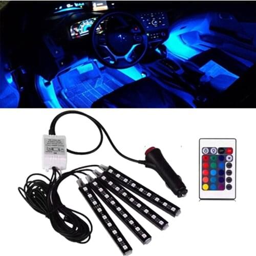 9leds Car Interior Light RGB Led Strip Lights Ambinent Car Styling Decorative Atmosphere Lamps With Remote and Car Charger