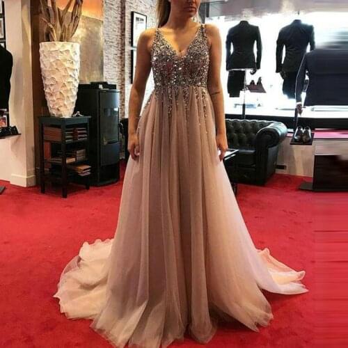 Vestido de festa longo 2019 Sexy V Neck Sequin Beaded Tulle Prom Dresses Long Backless Evening Dresses Party Gowns
