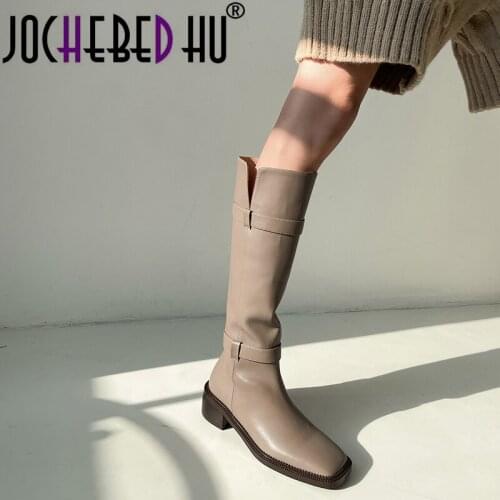 【JOCHEBED HU】 Woman Motorcycle Booties Designer Genuine Leather Long Boots Belt Strap Metal Shark Lock Flat Heel Knee High Boots