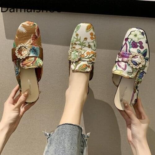 Closed Toe Half Support Comfort Shoes for Women 2021 Spring New Temperament Chunky Heels Mid Heel Slip-on Lofter Slides Fashion