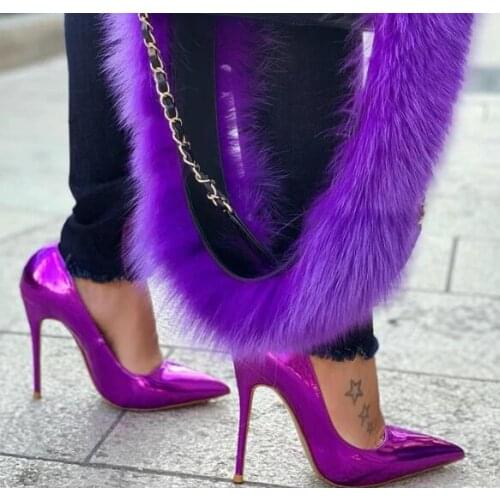 Moraima Snc Pointed Toe High Heel Shoe Woman Thin Heels Stiletto Heels Sexy Puprle Leather Dress Shoe 12/10/8cm