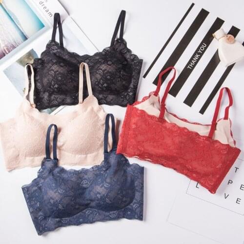 2020 Women Sexy Floral Lace Seamless Bralette Spaghetti Straps Removable Padded Bandeau Bra Wirefree Underwear Lingerie