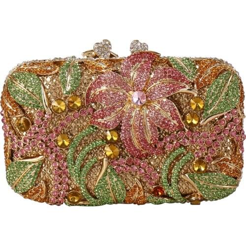 Women handmade diamond lily flower hard dinner clutch bag messenger female crystal small handbag ladys one shoulder chain bag