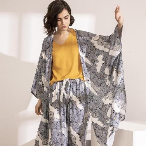 Chinese Style 4PCS Summer Autumn Pajamas Sets Women Crane Printed Kimono Pajamas Set Top Shorts Long Pants Female Night Suit Set