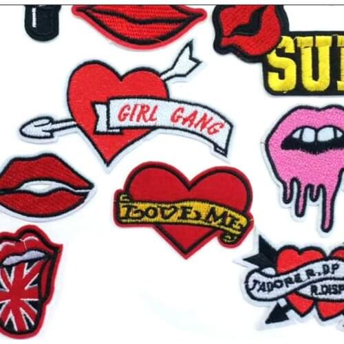 100pcs/lot Embroidery Patches Letter for Shirt Handbag Dress Clothing Decoration Badge KISS Red Lip Print Embroidery Stickers