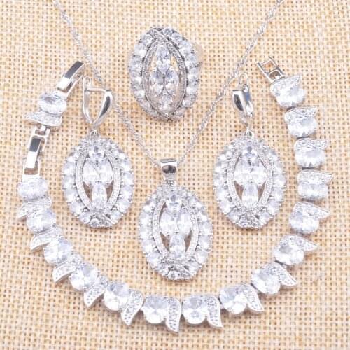 2020 New Silver Color Wedding Jewelry Sets For Women White Zirconia Earrings Rings Bracelet Necklace Birthday Gifts YZ0713