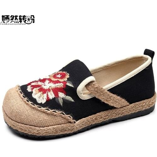 2020 Vegan Handmade Women Linen Cotton Loafers Espadrilles Flower Embroidered Ladies Casual Flat Platform Sneakers Shoes