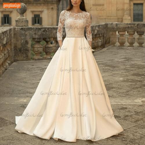 Fashion O Neck Wedding Dress 3/4 Sleeves Satin A Line Robe De Mariée 2021 Lace Up Appliqued Bride Dresses Slim Fit Suknie Slubne