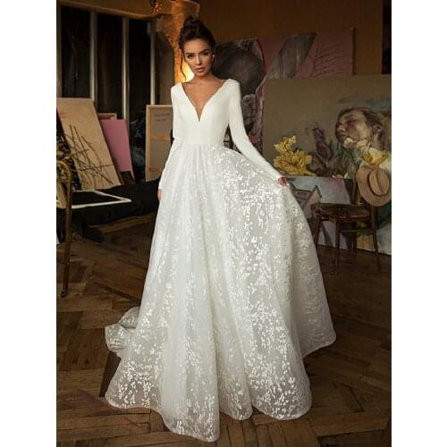 Wedding Dress V-neck Long Sleeve Satin Wedding Gown Princess A Line Bride Dress 2020 Women Dress Summer Robe DeMarriee sukienka