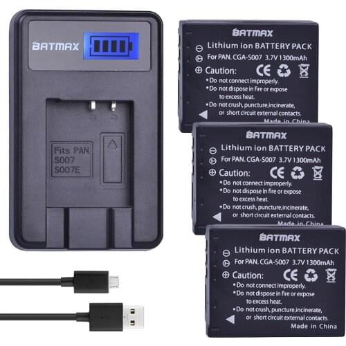 Batmax 3pc CGA-S007 S007E S007 S007A Camera Battery+LCD Charger for Panasonic DMC TZ1 TZ2 TZ3 TZ4 TZ5 TZ50 TZ11 TZ15 Bateria