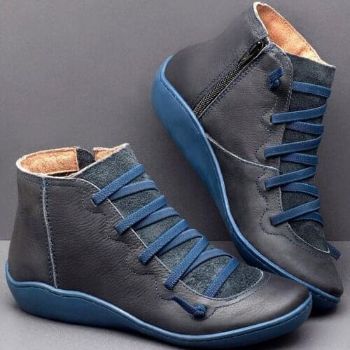 Womens PU Leather Ankle Boots Women Autumn Winter Cross Strappy Vintage Women Punk Boots Flat Ladies Shoes Woman Botas Mujer