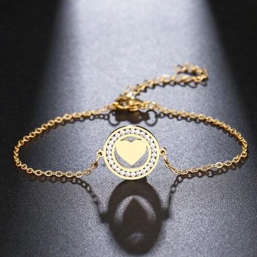 CACANA 316L Stainless Steel Crystal Bracelet Classic Solid Heart Round Bracelets Gold Color Engagement For Women Gift Jewelry