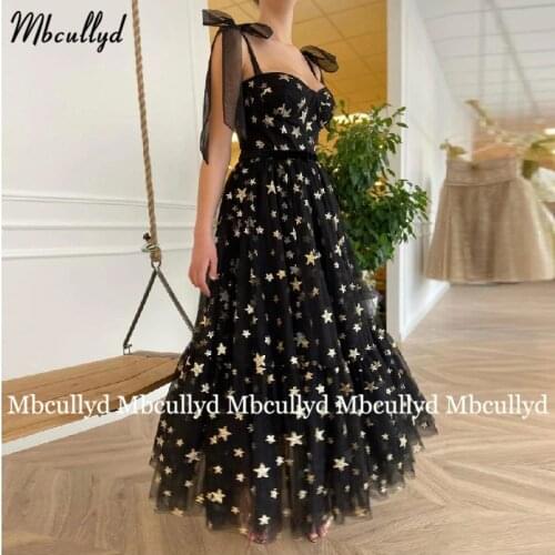 Black V-Neck Dotted Tulle Prom Dresses Spaghetti Straps Ruched A-Line Wedding Party Dresses Tea-Length Evening Gowns 2021