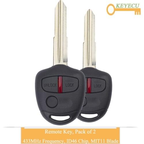 KEYECU 2PCS Remote Control Car Key for Mitsubishi Outlander Lancer 2008-2013, Fob 3 Button - 433MHz - ID46 Chip - MIT11 Blade