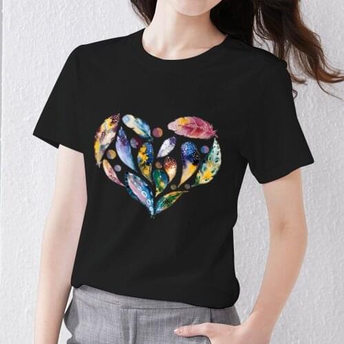 Classic Black Ladies T-shirt All-match Short-sleeved Feather Love Pattern Ladies Fashion Top O-neck Casual T-shirt Commuter Wear