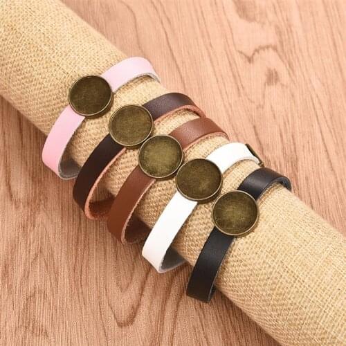5pcs Leather Bracelet Bangles Base Setting Cuff Blank Tray fit 18mm Glass Cabochon Semi finished Bracelet DIY Jewelry Findings