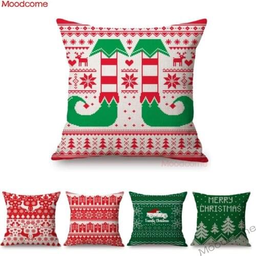 Red Green Christmas Sweater Pattern Design Snowflake Deer Santa Claus Boot Home Decor Throw Pillow Case Xmas Linen Cushion Cover