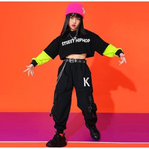 Girls Cool Hip Hop Clothing Crop Tops Black Tactical Cargo pants Show Costumes Kids Pop Street Dance Wear Clothes Stage Outfits