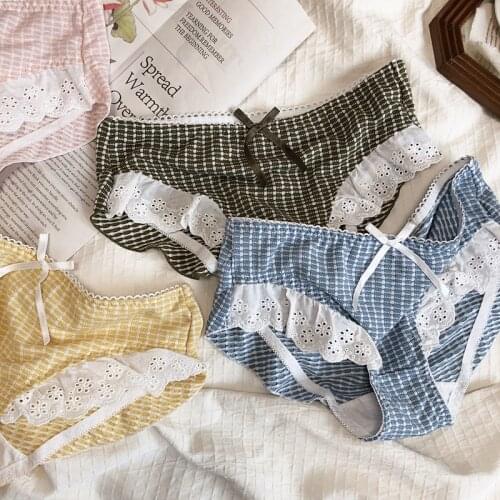 Wriufred Plaid cotton lace fly edge underwear low-waist briefs girly comfortable breathable bottoms sweet ladies panties