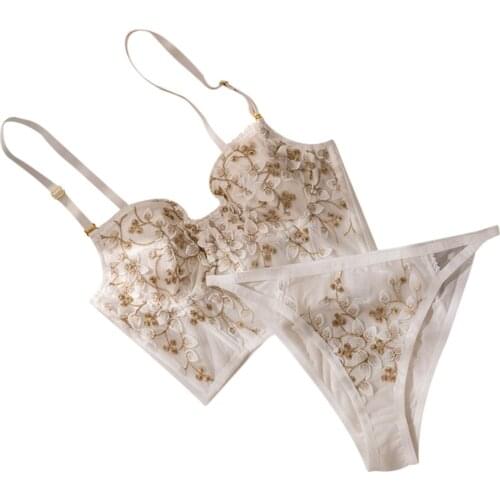 Embroidery Lace Bra Set Women Cute Floral Underwired Bra Panties Back Closure Lingerie Set H9