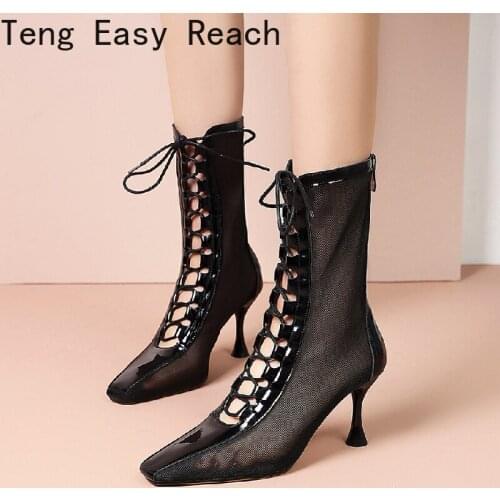 Summer Mesh Ankle Boots for Women High Heels Short Women Shoes 2021 Luxury Crystal Boots Ladies Black Beige New Party Shoes