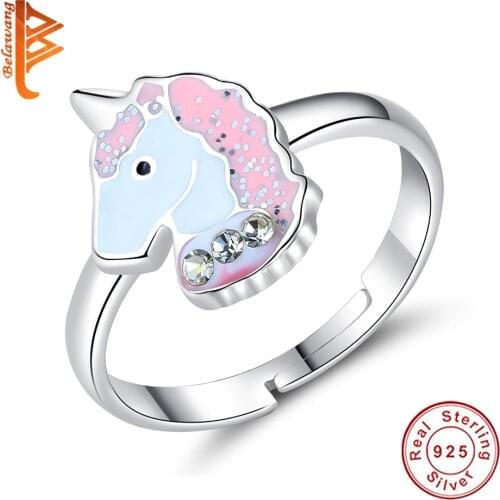 Fashion Jewelry Silver 925 Cute Animal Rings Enamel Unicorn Ring for Children Kids Girls Solid S925 Finger Ring Christmas Gift