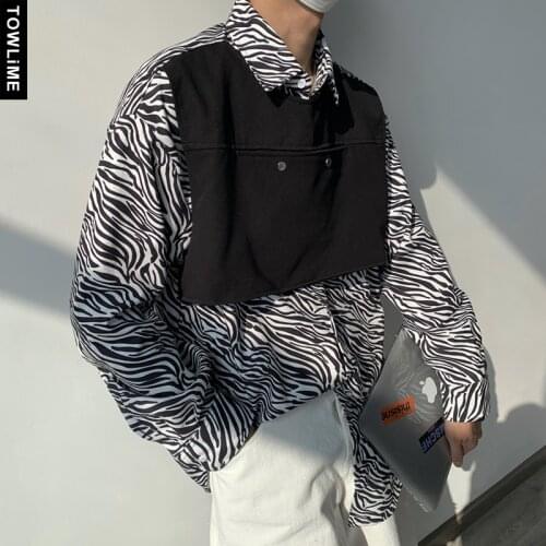 2021 Spring Autumn New Mens Cool Fake Two Pieces Colorblock Cargo Shirts Japanese Streetwear Retro Men Long Sleeve Pullover Tops