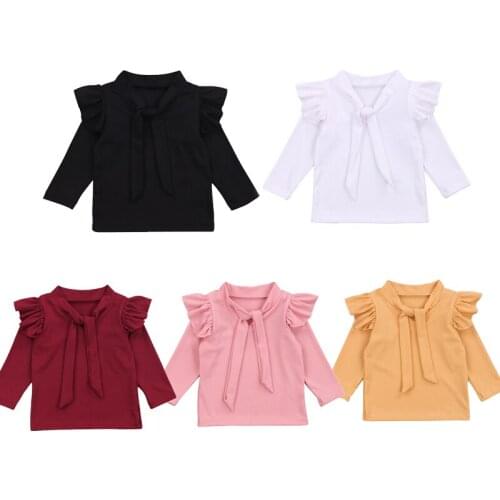 Infant Baby Girls Autumn T Shirts Tops Ruffles Long Sleeve Bowknot Collar Solid Pullover Tops 1-5Years