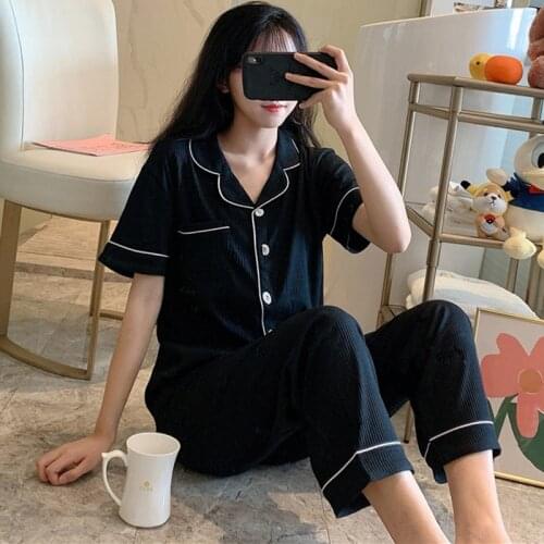 Summer Pajamas For Women New Pure Cotton Girls Sleepwear 2 Piece Set Black/White Short Sleeve Nightwear Pijama Loungewear Suit