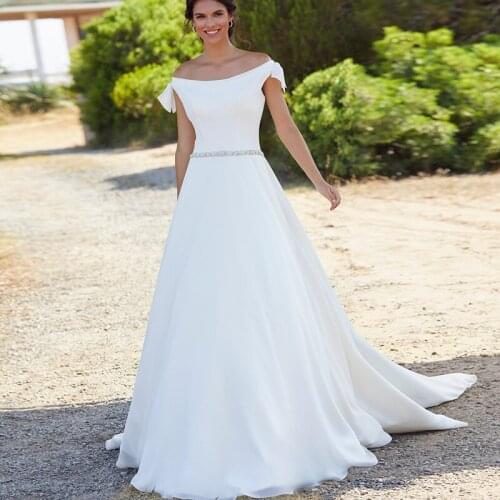 Sexy Wedding Dresses Pleat Bateau Full Sleeve A-Line Soft Satin Bridal Gowns with Beading Belt New Summer Beach Wedding Dresses