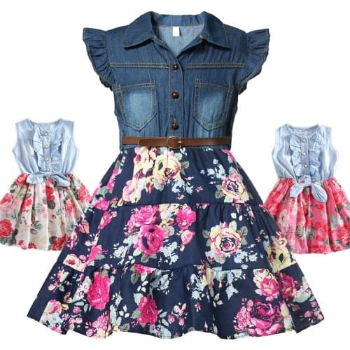 Girls Casual Clothing Denim Floral Dresses 2021 Summer Lovely Party Dress With Belt Flying Short Sleeve Childrens Girls Outfits