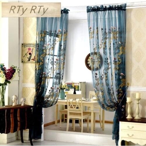 Luxury Embroidered Sheer Voile Curtains Window Drapes Cortina for Living Room Door Gold Lace Curtains Tulle Windows