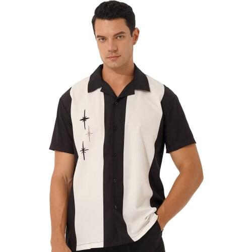 Large Men Fashion Casual Loose Color Block Button Down Shirt Strip Turn-Down Collar Short Sleeve Blouse Tops Streetwear Vacation