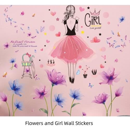 [SHIJUEHEZI] Flowers Plants Wall Stickers DIY Cartoon Girl Wall Decals for Living Room Kids Bedroom Kitchen House Decoration