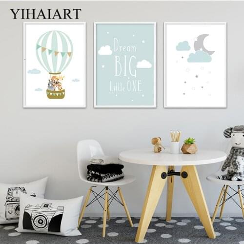 Nordic Kids Wall Art Canvas Poster Animal Moon Balloon Print Dream Big Quotes Painting Baby Nursery Bedroom Decoration Picture