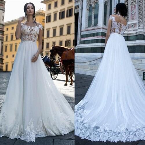O Neck Tulle Wedding Dress White Ivory O Neck Sleeveless Bridal Dresses Lace Appliques Wedding Gown Vestido De Noiva 2021