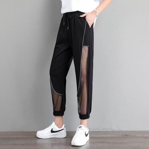 Zoki Fahsion Tulle Patchwork Women Ankle-Length Pants Black Tencel Breathable Spring Harem Street Wear Joggers Sweatpants 2021