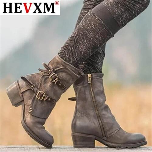 2021 RETRO LADIES MOTORCYCLE BOOTS SHALLOW ROUND HEAD CALF KNIGHT BOOTS LEATHER THICK WITH SIDE ZIPPER GLADIATOR COTTON BOOTS PU