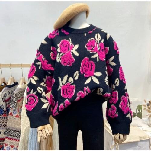 2020 Vintage Floral Sweater Women Autumn long Sleeve O Neck Knitted Sweaters Streetwear Elegant Korean sweater pull femme
