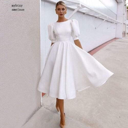 Sexy Simple Satin Short Wedding Dress 2021 Puff Sleeve Knee Length Bride Dresses Open Back Wedding Party Gowns Robe De Mariee