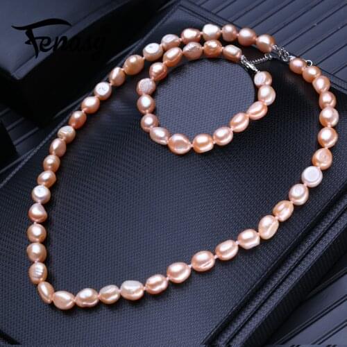 FENASY Natural Freshwater Pearl Necklaces For Women Baroque Long Necklace Bracelets & Bangles Link Bracelet Pearl Jewelry Sets