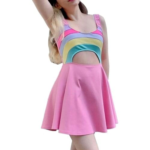 Suspender A-line Dress Summer 2021 Female Spaghetti Strap Contrast Color U-neck Hollow Short Dresses Party Sundress