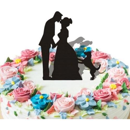 100pcs/lot, Creative Kissing Lovers With Dog Acrylic wedding cake inserted card Wedding Cake Topper Party Cake Decorations